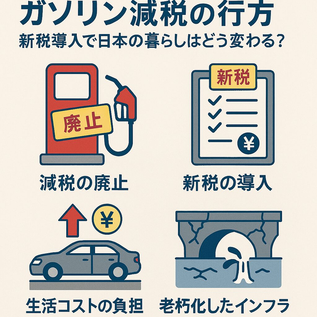 ガソリン減税,新税導入,日本の税制改革,暫定税率廃止,自動車課税,走行距離課税,生活コスト,地方の暮らし,インフラ整備,脱炭素社会,低所得者支援,税制の公平性,エネルギー政策,日本の未来,税収と財政,公共交通と地域格差,ガソリン価格,物流コスト,環境負荷軽減,国民的議論