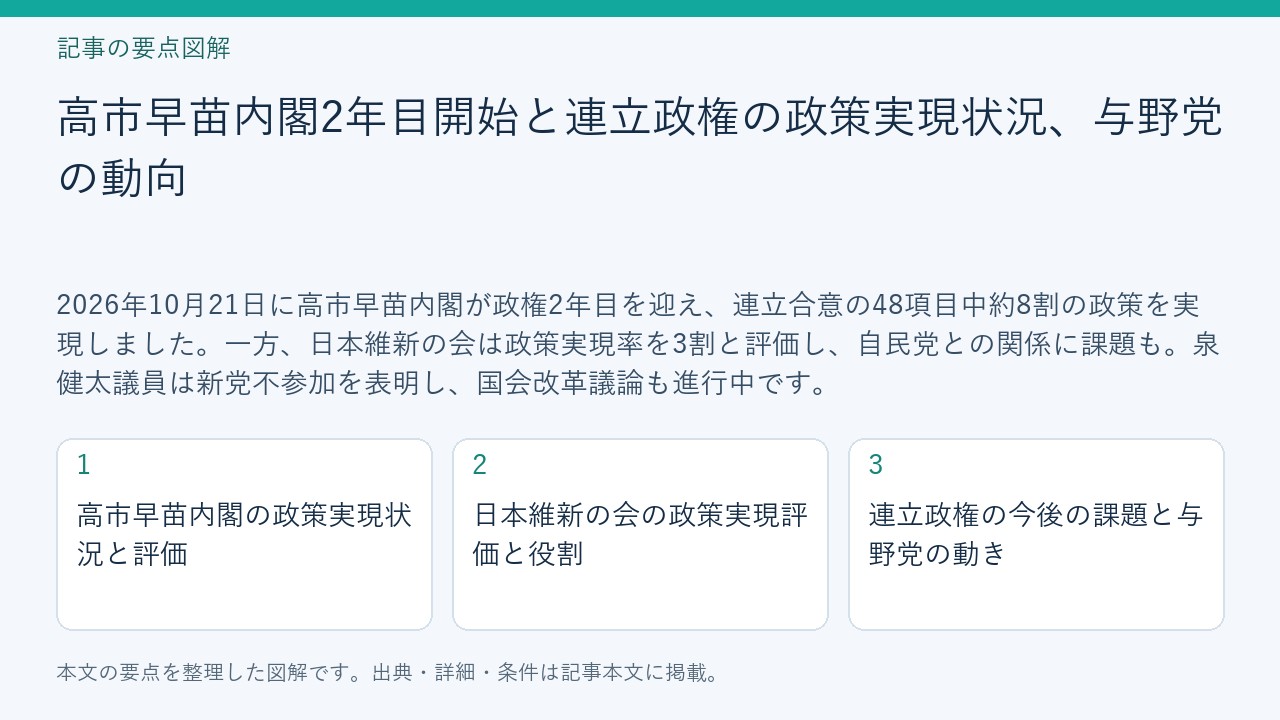 記事「高市早苗内閣2年目開始と連立政権の政策実現状況、与野党の動向」の要点図解。高市早苗内閣の政策実現状況と評価、日本維新の会の政策実現評価と役割、連立政権の今後の課題と与野党の動きを整理。