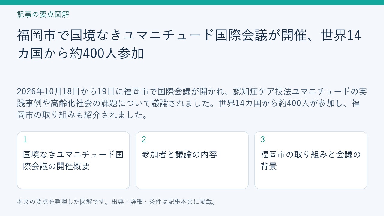 記事「福岡市で国境なきユマニチュード国際会議が開催、世界14カ国から約400人参加」の要点図解。国境なきユマニチュード国際会議の開催概要、参加者と議論の内容、福岡市の取り組みと会議の背景を整理。