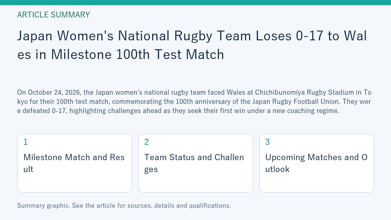 Summary graphic for “Japan Women's National Rugby Team Loses 0-17 to Wales in Milestone 100th Test Match”, covering Milestone Match and Result; Team Status and Challenges; Upcoming Matches and Outlook.
