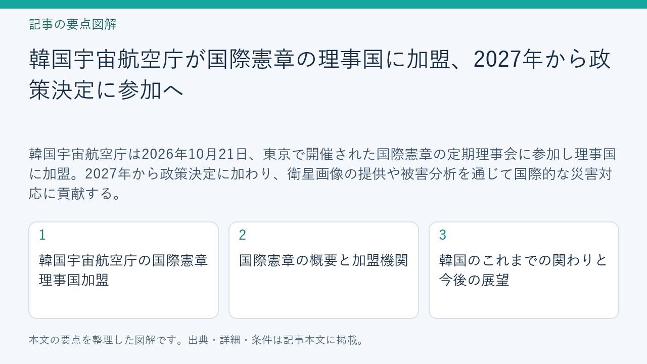 記事「韓国宇宙航空庁が国際憲章の理事国に加盟、2027年から政策決定に参加へ」の要点図解。韓国宇宙航空庁の国際憲章理事国加盟、国際憲章の概要と加盟機関、韓国のこれまでの関わりと今後の展望を整理。
