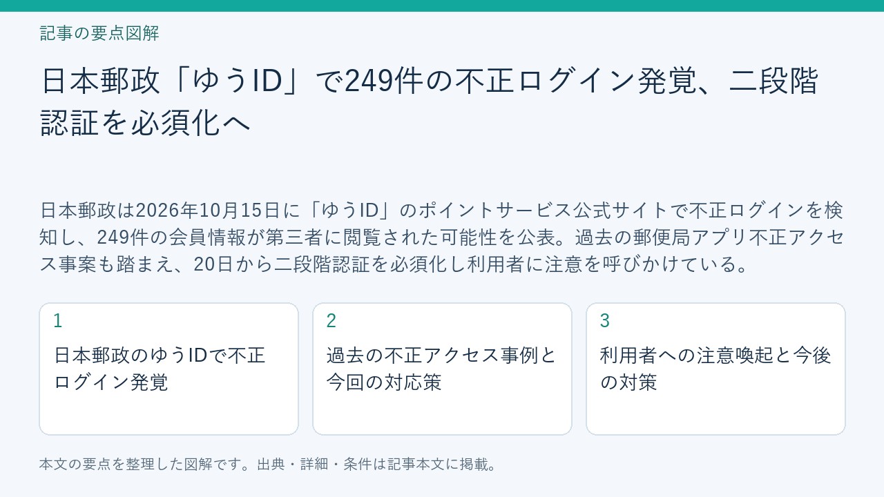 記事「日本郵政「ゆうID」で249件の不正ログイン発覚、二段階認証を必須化へ」の要点図解。日本郵政のゆうIDで不正ログイン発覚、過去の不正アクセス事例と今回の対応策、利用者への注意喚起と今後の対策を整理。