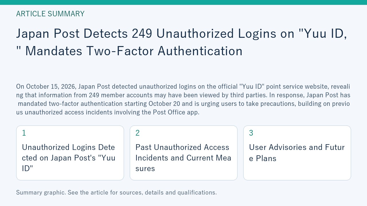 Summary graphic for “Japan Post Detects 249 Unauthorized Logins on "Yuu ID," Mandates Two-Factor Authentication”, covering Unauthorized Logins Detected on Japan Post's "Yuu ID"; Past Unauthorized Access Incidents and Current Measures; User Advisories and Future Plans.