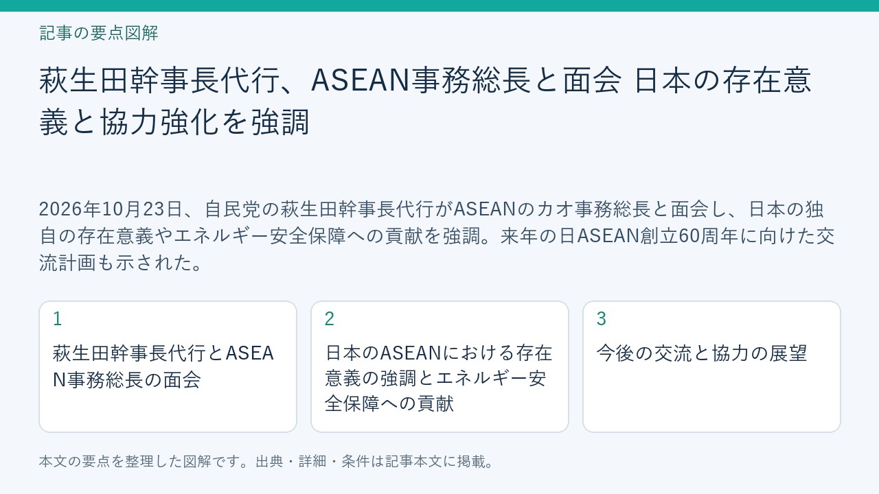 記事「萩生田幹事長代行、ASEAN事務総長と面会 日本の存在意義と協力強化を強調」の要点図解。萩生田幹事長代行とASEAN事務総長の面会、日本のASEANにおける存在意義の強調とエネルギー安全保障への貢献、今後の交流と協力の展望を整理。