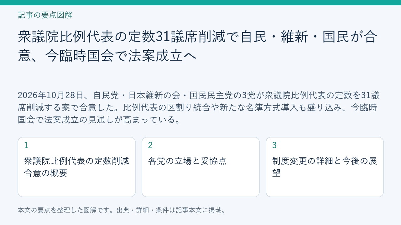 記事「衆議院比例代表の定数31議席削減で自民・維新・国民が合意、今臨時国会で法案成立へ」の要点図解。衆議院比例代表の定数削減合意の概要、各党の立場と妥協点、制度変更の詳細と今後の展望を整理。