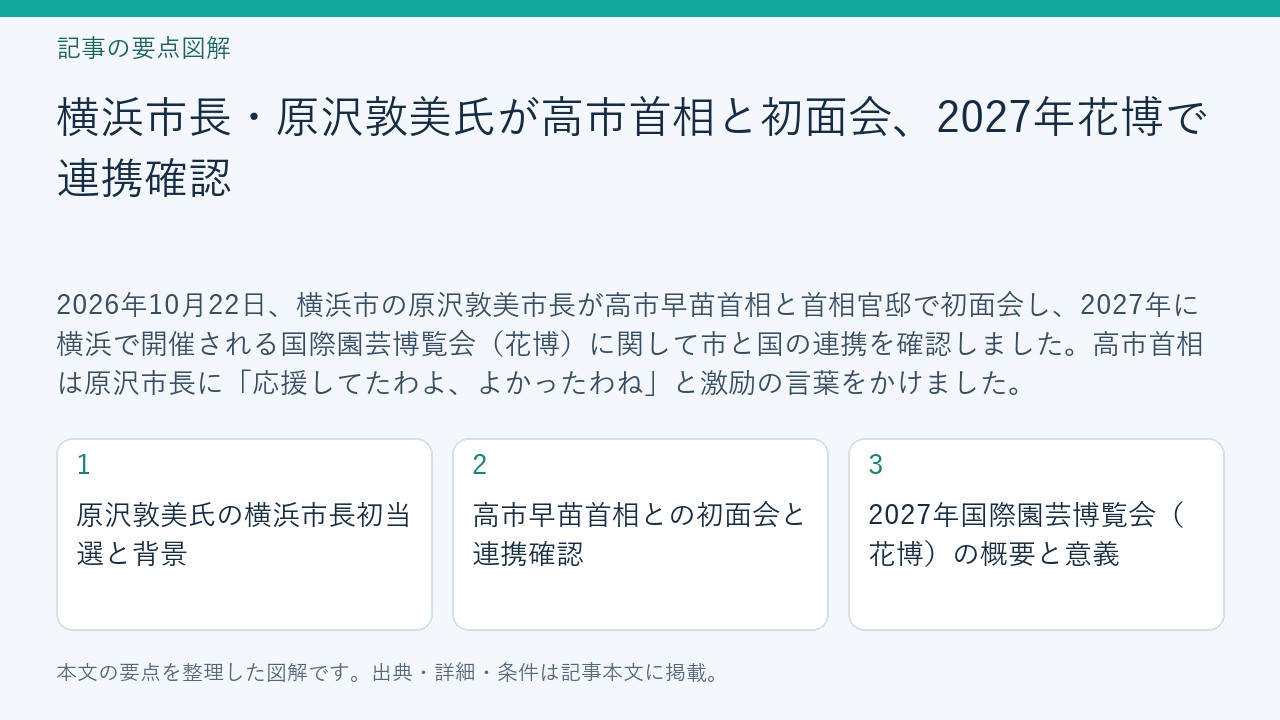 記事「横浜市長・原沢敦美氏が高市首相と初面会、2027年花博で連携確認」の要点図解。原沢敦美氏の横浜市長初当選と背景、高市早苗首相との初面会と連携確認、2027年国際園芸博覧会（花博）の概要と意義を整理。
