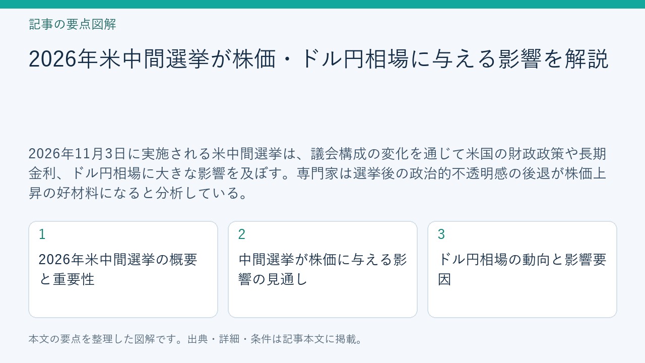 記事「2026年米中間選挙が株価・ドル円相場に与える影響を解説」の要点図解。2026年米中間選挙の概要と重要性、中間選挙が株価に与える影響の見通し、ドル円相場の動向と影響要因を整理。