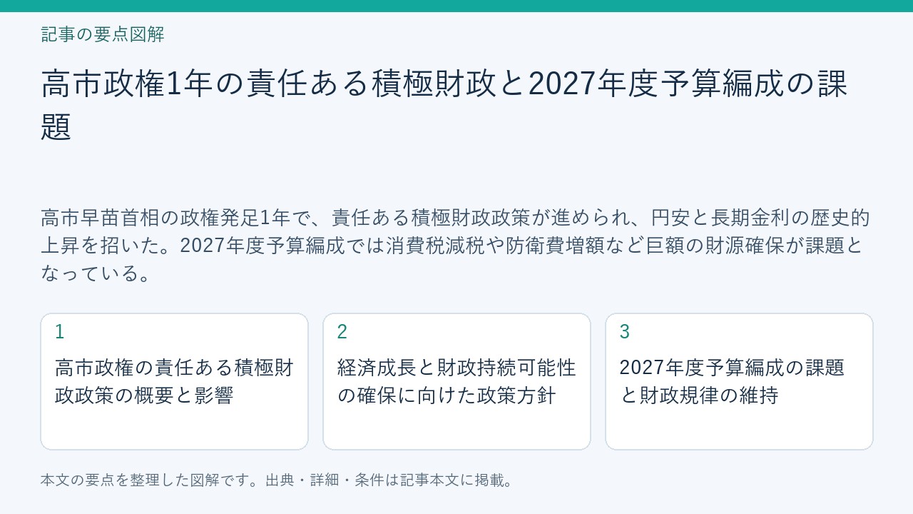 記事「高市政権1年の責任ある積極財政と2027年度予算編成の課題」の要点図解。高市政権の責任ある積極財政政策の概要と影響、経済成長と財政持続可能性の確保に向けた政策方針、2027年度予算編成の課題と財政規律の維持を整理。
