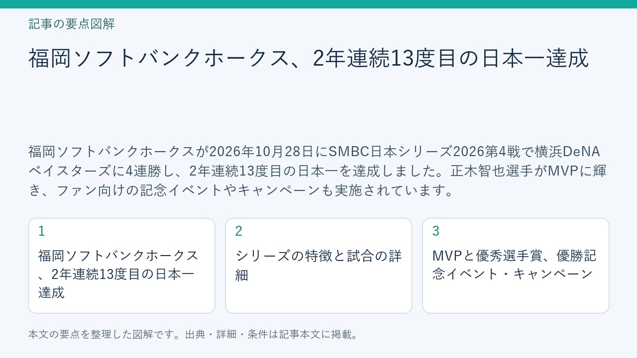 記事「福岡ソフトバンクホークス、2年連続13度目の日本一達成」の要点図解。福岡ソフトバンクホークス、2年連続13度目の日本一達成、シリーズの特徴と試合の詳細、MVPと優秀選手賞、優勝記念イベント・キャンペーンを整理。