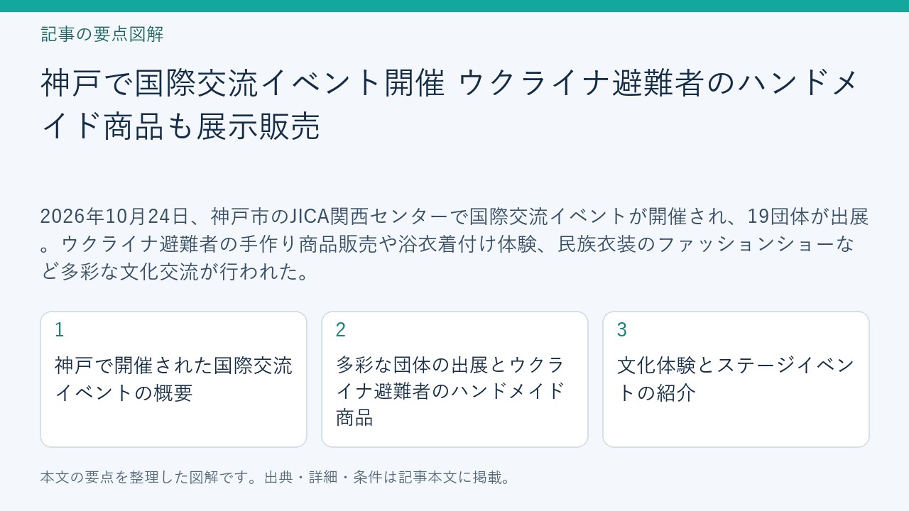 記事「神戸で国際交流イベント開催 ウクライナ避難者のハンドメイド商品も展示販売」の要点図解。神戸で開催された国際交流イベントの概要、多彩な団体の出展とウクライナ避難者のハンドメイド商品、文化体験とステージイベントの紹介を整理。
