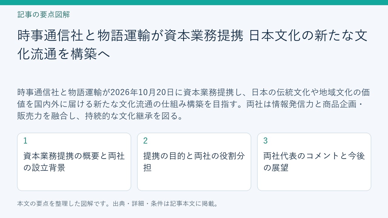 記事「時事通信社と物語運輸が資本業務提携 日本文化の新たな文化流通を構築へ」の要点図解。資本業務提携の概要と両社の設立背景、提携の目的と両社の役割分担、両社代表のコメントと今後の展望を整理。
