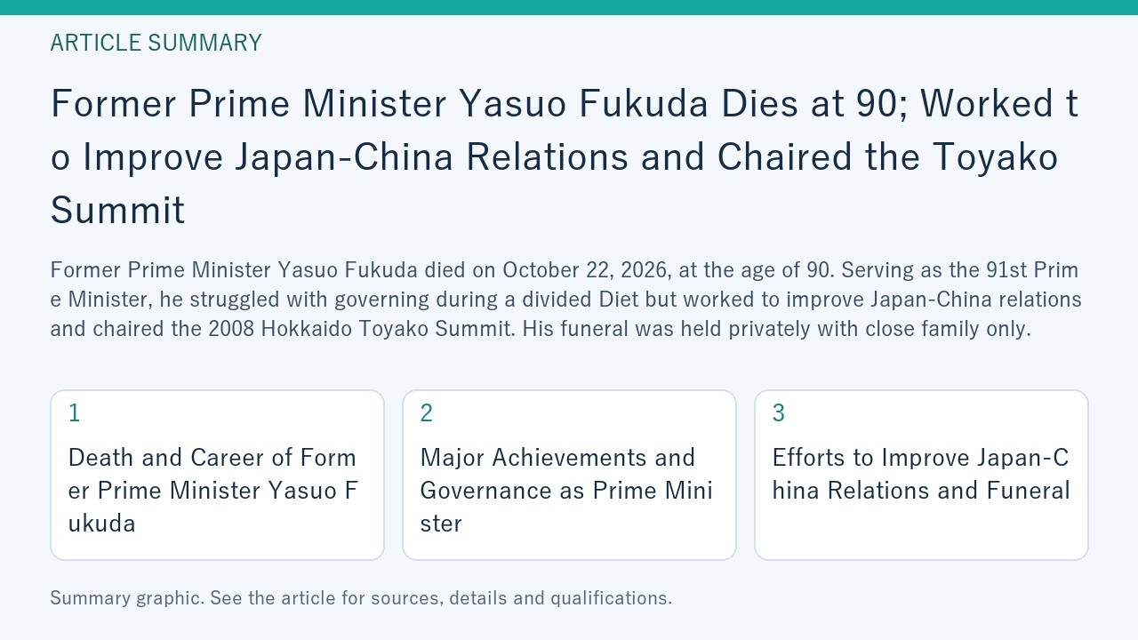 Summary graphic for “Former Prime Minister Yasuo Fukuda Dies at 90; Worked to Improve Japan-China Relations and Chaired the Toyako Summit”, covering Death and Career of Former Prime Minister Yasuo Fukuda; Major Achievements and Governance as Prime Minister; Efforts to Improve Japan-China Relations and Funeral.