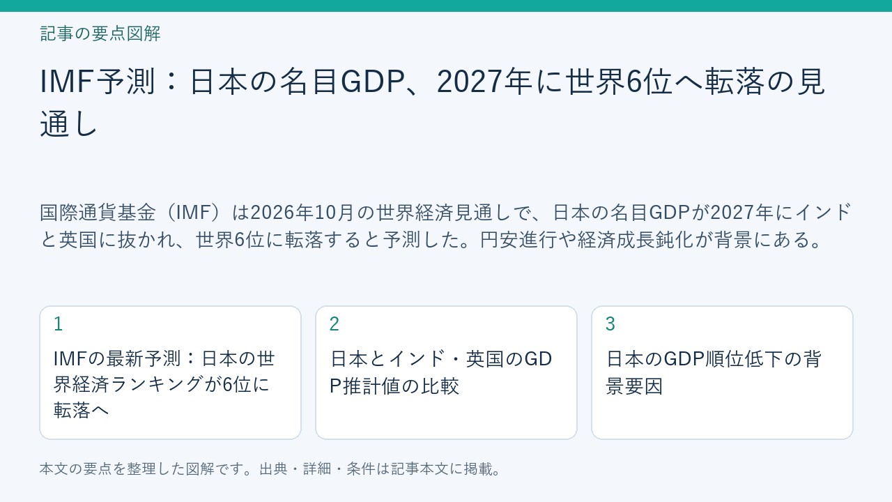 記事「IMF予測：日本の名目GDP、2027年に世界6位へ転落の見通し」の要点図解。IMFの最新予測：日本の世界経済ランキングが6位に転落へ、日本とインド・英国のGDP推計値の比較、日本のGDP順位低下の背景要因を整理。
