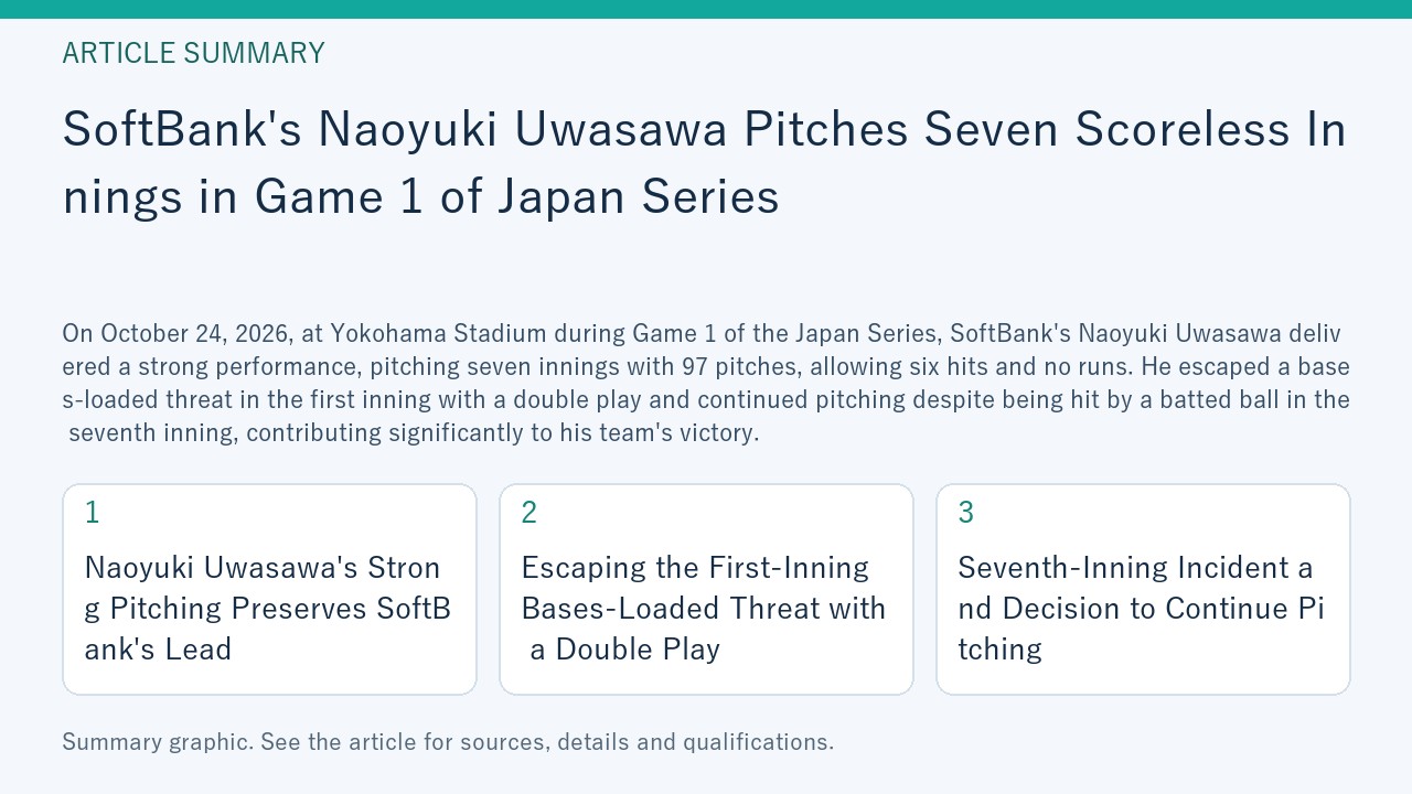 Summary graphic for “SoftBank's Naoyuki Uwasawa Pitches Seven Scoreless Innings in Game 1 of Japan Series”, covering Naoyuki Uwasawa's Strong Pitching Preserves SoftBank's Lead; Escaping the First-Inning Bases-Loaded Threat with a Double Play; Seventh-Inning Incident and Decision to Continue Pitching.