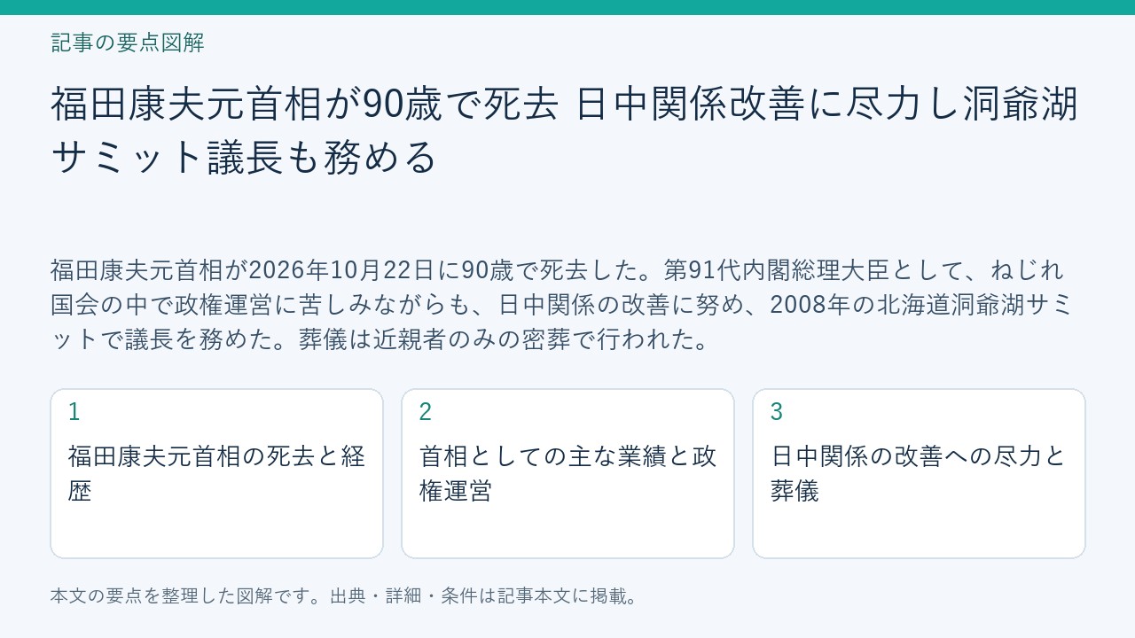 記事「福田康夫元首相が90歳で死去　日中関係改善に尽力し洞爺湖サミット議長も務める」の要点図解。福田康夫元首相の死去と経歴、首相としての主な業績と政権運営、日中関係の改善への尽力と葬儀を整理。