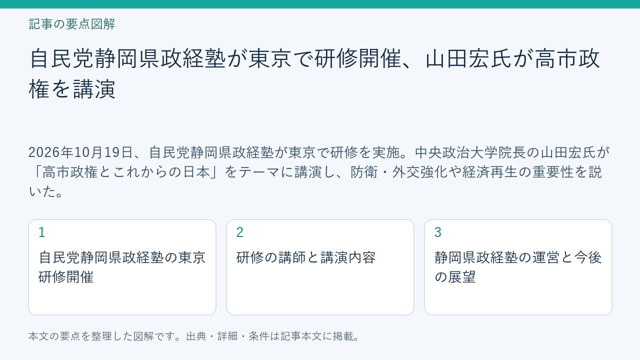 記事「自民党静岡県政経塾が東京で研修開催、山田宏氏が高市政権を講演」の要点図解。自民党静岡県政経塾の東京研修開催、研修の講師と講演内容、静岡県政経塾の運営と今後の展望を整理。